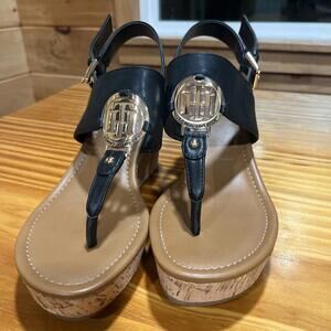 Tommy Hilfiger Black Cork Wedge Sandal Gold Hardware Women’s 8.5 NWOT